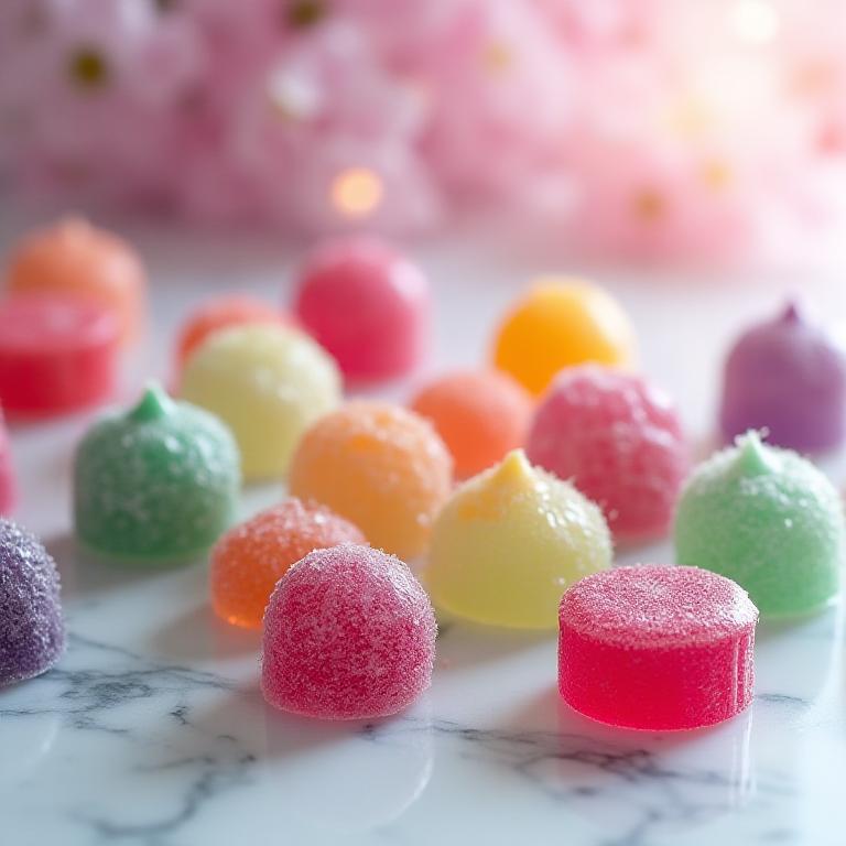 Vibrant handcrafted artisan candies arranged on a marble surface